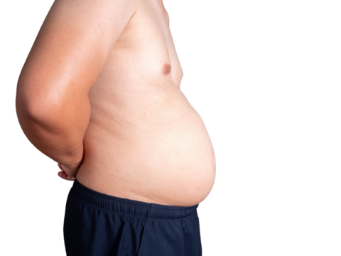 big belly fat guy wearing white shirt on white background isolated.