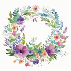 Watercolor wreath made with colorful wildflowers and leaves on whitebackground. Generative Ai.