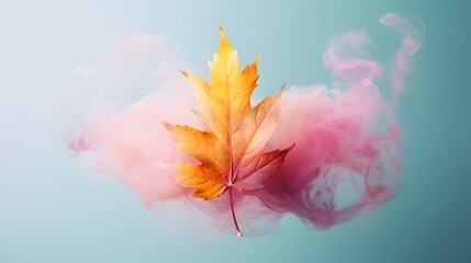 Autumn maple leaf surrounded by smoke colored in various hues on pastel blue background. Generative AI