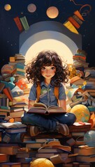 Happy girl sitting on a stack of books, back to school concept