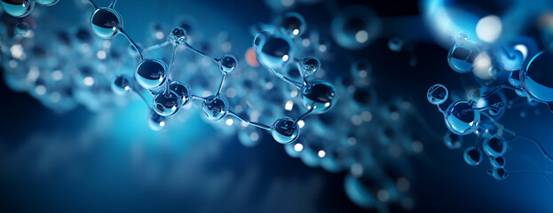 blue molecule atoms structures on blue liquid serum background. Science Molecular water drop DNA Model Structure Atoms bacgkround Medical - obrazy, fototapety, plakaty