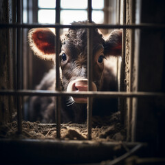 Sad calv in small factory farming cage