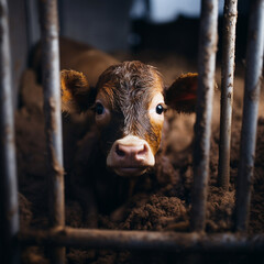 Sad calv in small factory farming cage