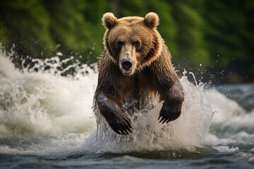 Wild brown bear running through water towards camera