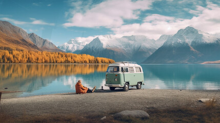 hippie wanderlust person sitting besides van on a lake shore on mountain range, sunny day