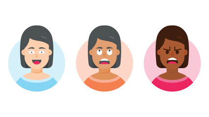 Portraits and avatars of people, male and female expressing emotions, cartoon characters, vector in flat style