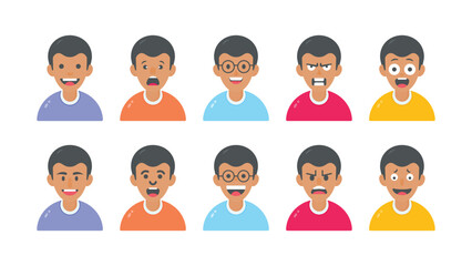 Young boys character avatar with facial expressions, vector illustration