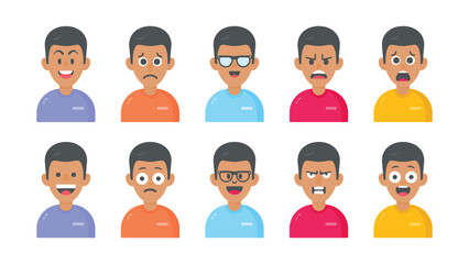 Male cartoon characters with different facial expressions, vector illustration