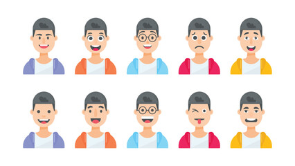 Male cartoon characters with different facial expressions, vector illustration
