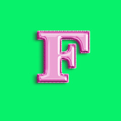 Brilliant balloon alphabet letter F in pink color. 3d rendering realistic metallic hot air balloon, ready to use for your birthday celebration and party, isolated with green screen background