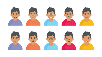 Male cartoon characters with different facial expressions, vector illustration
