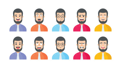 Vector man with beard cartoon characters with different facial expressions