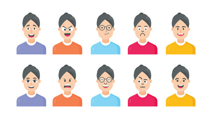 Young boys character avatar with facial expressions, vector illustration