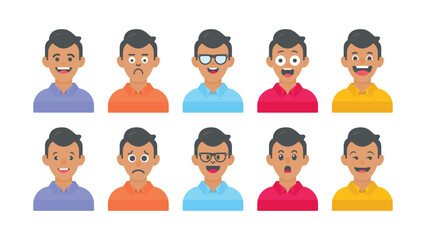 Boy cartoon character with facial expressions and different skin colors