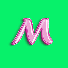 Brilliant balloon alphabet letter M in pink color. 3d rendering realistic metallic hot air balloon, ready to use for your birthday celebration and party, isolated with green screen background