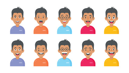 Boy cartoon character with facial expressions and different skin colors
