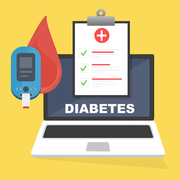Diabete, test del glucosio e zucchero nel sangue. Glucometro, pillole, produzione di insulina. Dispositivo di misurazione del glucosio diabetico con indicazione del bordo disegno  