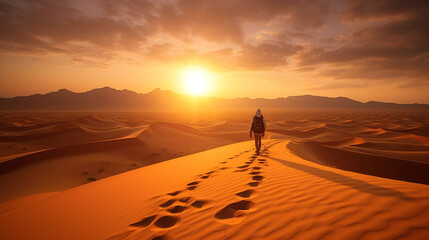 Fototapeta na wymiar Nomad walking through desert on sand dune at sunset