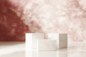 ダークレッドのマーブル模様の背景と白い三つの四角い展示台がある抽象テンプレート。AI生成画像