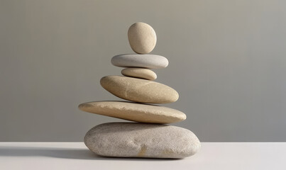 Stones pyramid. Pebbles balance on gray background. For banner, postcard, book illustration.
