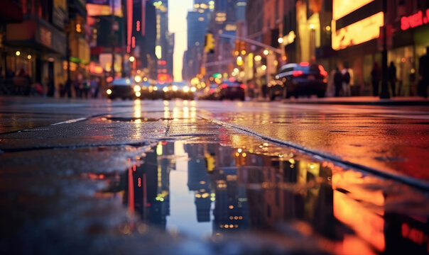 Wet road made of paving stones. Road, light, rain. background. For banner, postcard, book illustration