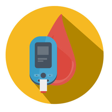 Diabete, test del glucosio e zucchero nel sangue. Glucometro, pillole, produzione di insulina. Dispositivo di misurazione del glucosio diabetico con indicazione del bordo disegno  