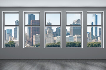 Downtown Chicago City Skyline Buildings from High Rise Window. Beautiful Expensive Real Estate overlooking. Epmty room Interior Skyscrapers View in Penthouse Cityscape. Day time. 3d rendering. - obrazy, fototapety, plakaty