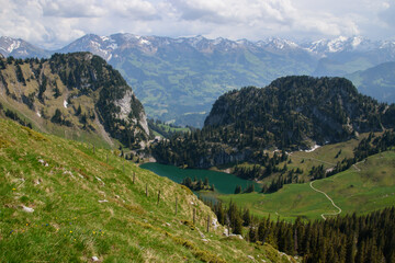 Beautiful swiss alpine landscape with a mountain lake.