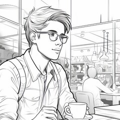 a young man is facing the coffee machine, wearing casual clothes and a watch, handsome and happy,