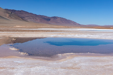 Visiting the famous tourist attraction Ojos del Mar near Tolar Grande in the Argentinian highlands called Puna while traveling South America