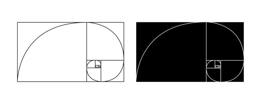 Golden ratio spiral template. Geometric relationship or proportion. Ideal scale mockup.