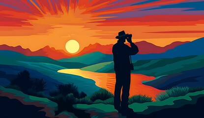 Photographer with camera in the mountains at sunset ai generated