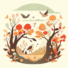 Vector Autumn background, cartoon fall season forest tree and grass field.