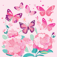 Naklejka na ściany i meble Hand drawn blooming flowers and flying butterflies. Vector elegant floral composition in vintage style.