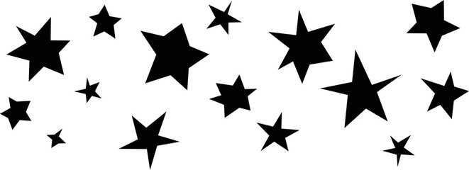 Cute isolated black stars, funny and childish shapes. Naive art. Flat illustration on transparent background. Template, wallpaper for invitation cards etc.