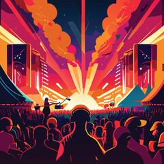 Illustration of large crowd of young people at live music event party festival.