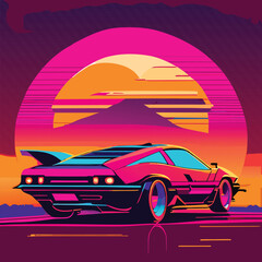 Obraz na płótnie Canvas Poster in the style of the 80s. Retro style, cyberpunk, neon, futuristic, sports car, metropolis, night city, landscape. Creative vector illustration.