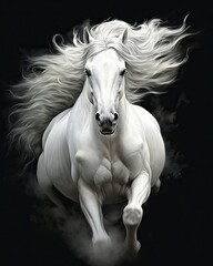 In the dark, a white horse's hair blows while galloping. (Illustration, Generative AI)