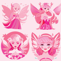 Cute Fairy set. Beautiful girl in fairy costumes. Funny winged elf princesses in cartoon style. Vector illustration for kids and babies.