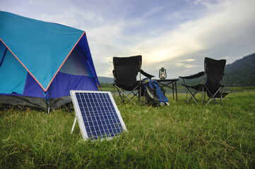 Small Solar cell panel, Unplug and Recharge with Solar Cell Technology in the Wilderness, Bringing Clean Energy to a Tranquil Camping Tent and Embrace Nature's Power with Solar Cell Outdoors.