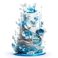 Blue wedding cake decorated with flowers isolated on white background
