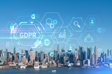 Fototapeta na wymiar New York City skyline from New Jersey over the Hudson River towards Midtown Manhattan at day time. GDPR hologram, concept of data protection, regulation and privacy for all individuals