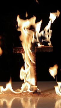 Fire around a burning cross symbol, vertical video