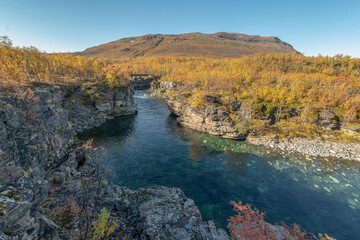 Autum Abisko Canyon River Abiskojakka National Park, Norrbottens, Norrbottens Lapland landscape north of Sweden