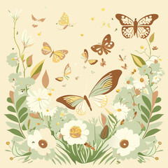 Pattern with Blooming Flowers and Flying Butterflies in Watercolor Style. Beauty in Nature. Background for Fabric, Textile, Print and Invitation. Vector illustration.