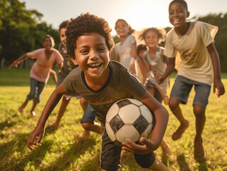 Fototapeta premium Joyful Multicultural Kids, fun and Laughter in Soccer Game, Generative AI