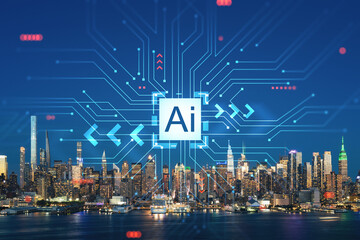 New York City skyline from New Jersey over Hudson River with skyscrapers at night, Manhattan, Midtown, USA. Artificial Intelligence concept, hologram. AI, machine learning, neural network, robotics