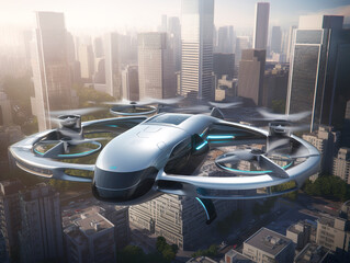 Ultramodern Passenger VTOL Aircraft Soaring over a Cityscape of Skyscrapers