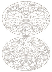 A set of contour illustrations in the style of stained glass with cute cartoon ladybirds,dragonflies and flowers, dark outlines on a white background