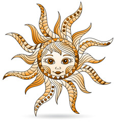 An illustration in the style of stained glass with an abstract sun with a face, a figure isolated on a white background, tone brown